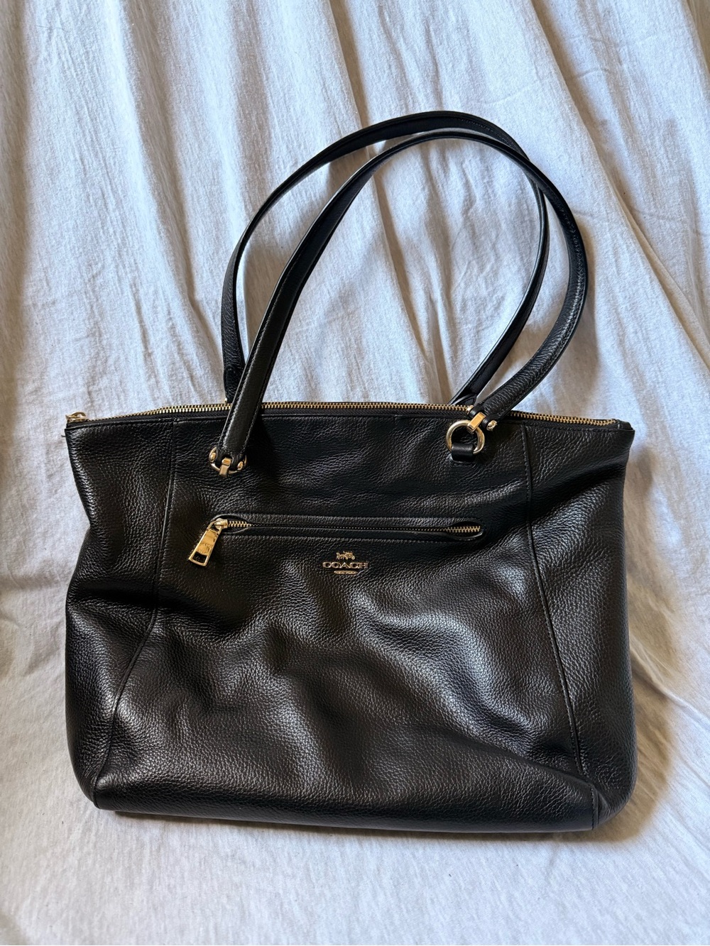 Coach Black Leather Shoulder Tote with Gold Hardware